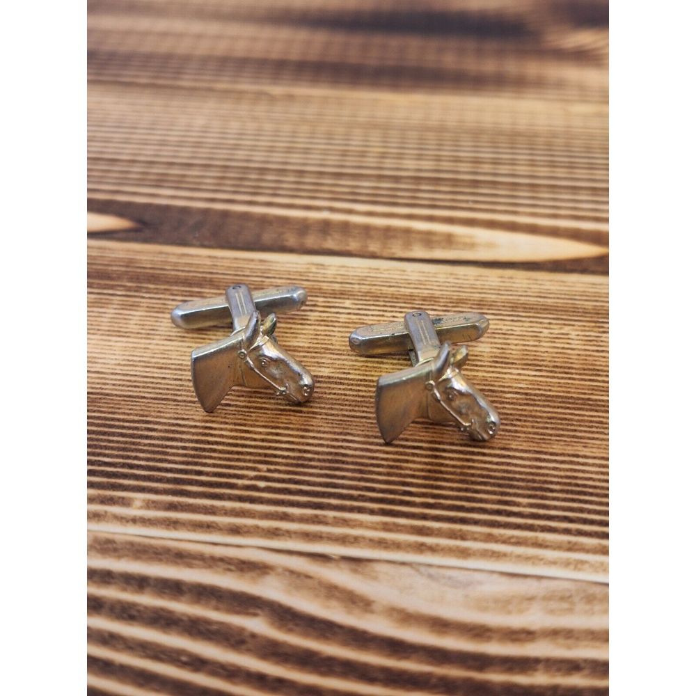 HORSE CUFFLINKS Vintage Western Cowboy‎ Mens Cuff Links Horse Heads Goldtone